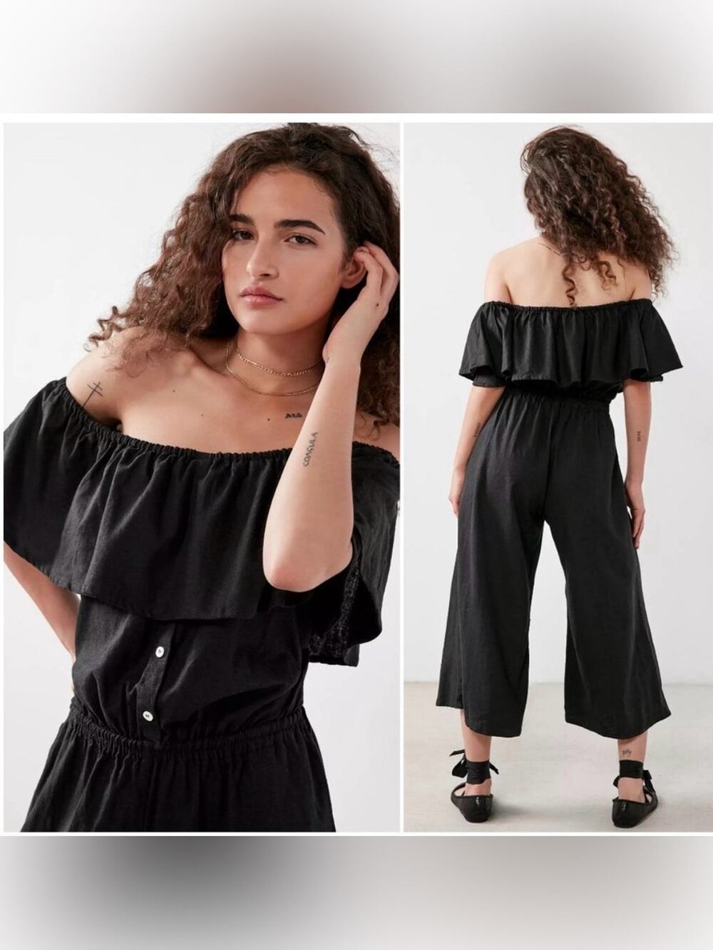 Faithfull the Brand‎ Holiday Off The Shoulder Linen Blend Cropped Jumpsuit Sz 2